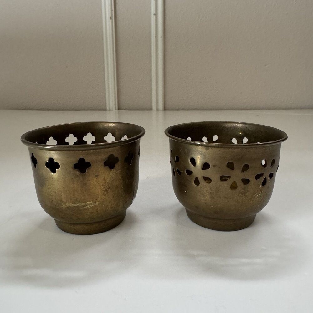 Vintage Pair Of 2 Solid Brass Celestial Whimsical Tea Light Candle Holders